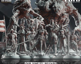 Puede incluir: Un conjunto de juego de rol de mesa A Grim Fate: Eloritch Adventure. El conjunto incluye una variedad de miniaturas, incluyendo una gran criatura monstruosa, varios personajes humanos y una bandera. Las miniaturas están todas hechas de un material gris texturizado.