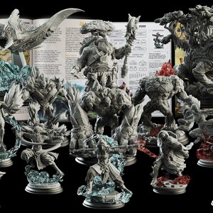 May include: A set of 14 grey painted miniature figurines, including a large, tree-like creature, a dwarf-like figure, and several human-like figures. The miniatures are displayed on a black background with a book open to a page with text and illustrations.