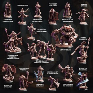 May include: A collection of fifteen miniature fantasy figurines in a monochromatic brown finish. The set includes characters labeled as Student of Conjuration, Headmistress, Sentinel of the University, Professor of Alchemy, Student of the Magical Arts, Head of Studies, Student of Enchantment, Library Golem, Professor of Progress (Ascended Form), Dragonblight Stricken Students, Djinni in a Bottle, Student of Evocation, Professor of Progress, Graduate Battlemage, Professor of Transmutation, Professor of the Unknown, and Student of the Scroll.