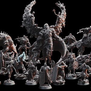 May include: A collection of grey miniature fantasy figurines featuring a central winged entity surrounded by various warriors, creatures, and armored figures. The set includes characters with swords, shields, axes, and crossbows, all displayed on individual circular bases against a black background.