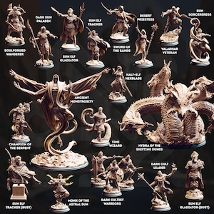 May include: A collection of detailed miniature figurines, including a Dark Sun Paladin, Sun Elf Tracker, and Hydra of the Shifting Dunes. The figurines are in various poses and feature intricate designs, perfect for tabletop gaming or display.
