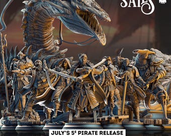 Puede incluir: Imagen promocional para un lanzamiento de producto con temática pirata. La imagen presenta un grupo de figuras en miniatura detalladas, incluyendo un dragón y varios personajes piratas. También se ve el texto "BLOOD ON THE SAILS" y "JULY'S 5E PIRATE RELEASE".