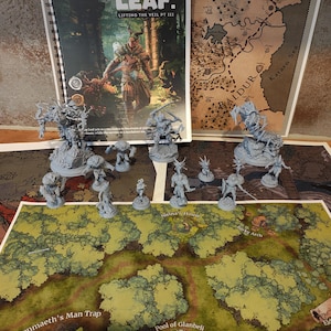 May include: A tabletop game set with a map, rulebook, and miniature figures. The rulebook is titled "A New Leaf. Lifting the Veil Pt III". The map shows a region with the names "Leacianus", "Baldur", and "Katarn Sea".