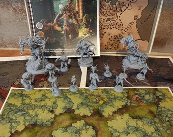Puede incluir: Un juego de mesa con un mapa, un libro de reglas y figuras en miniatura. El libro de reglas se titula "A New Leaf. Lifting the Veil Pt III". El mapa muestra una región con los nombres "Leacianus", "Baldur" y "Katarn Sea".