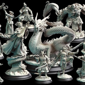 May include: A collection of 11 detailed miniature figurines, including a dragon, a warrior, and a musician. The figurines are painted in shades of gray and white and are displayed on individual bases.