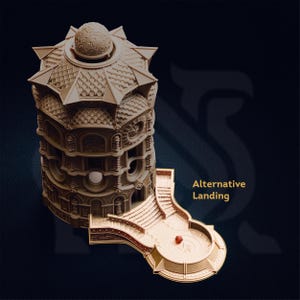 Könnte beinhalten: Eine detaillierte, beige Miniatur-Fantasie-Turm mit einem verzierten Design. Der Turm hat mehrere Ebenen, ein Kuppeldach und einen angeschlossenen Landebereich mit Treppen. Der Text "Alternative Landing" ist sichtbar.