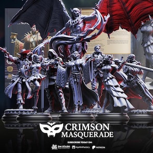 May include: A collection of detailed miniature figurines, featuring characters in fantasy attire. The figures are predominantly gray, with some red accents, and are arranged on black bases. The image includes the text "CRIMSON MASQUERADE" and promotional information.