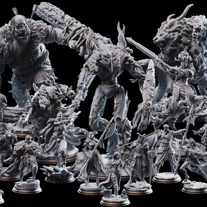 May include: A collection of detailed, gray fantasy miniatures, including warriors, mythical creatures, and monsters. The figures are posed dynamically, with weapons and armor, set against a black background. The collection includes a cyclops, a lion-like creature, and various humanoids.