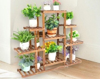 Support pour plantes à plusieurs niveaux fait main, présentoir à fleurs en bois carbonisé à 9 niveaux pour l'intérieur