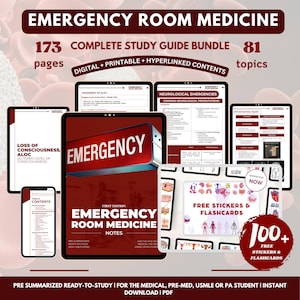May include: A red and white study guide bundle for emergency room medicine. The cover features the title "Emergency Room Medicine" and the text "173 pages, 81 topics". The bundle includes a digital and printable study guide, as well as free stickers and flashcards.