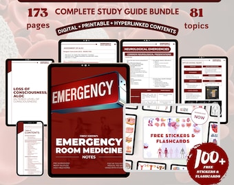 Paquete de Medicina de Urgencias con tarjetas didácticas y pegatinas, apuntes de enfermería de urgencias (archivo PDF descargable), guía de estudio de medicina