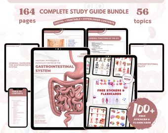Paquete gastrointestinal con tarjeta didáctica y pegatinas, guía de estudio gastrodigestivo impresión digital, notas médicas descarga digital archivo PDF