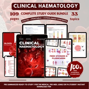 May include: A digital study guide bundle for clinical hematology with 109 pages and 33 topics. The cover features a red background with a close-up of red blood cells. The bundle includes free stickers and flashcards.