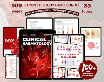 Paquete de hematología clínica con tarjetas didácticas y pegatinas. Descarga digital en formato PDF. Guía de estudio de hematología. Apuntes de enfermería. Impresión digital.