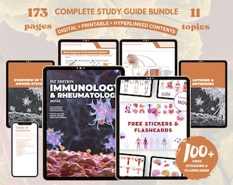 Paquete de inmunología y reumatología, notas de la escuela de enfermería, descarga digital en archivo PDF, tarjetas didácticas y calcomanías gratuitas, guía de estudio de medicina, inmunología
