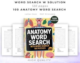 100 sopas de letras de anatomía con solución, hoja de trabajo de actividades, sopa de letras de sistemas de órganos, partes del cuerpo para enfermeras, estudiantes y médicos, descarga en formato PDF.