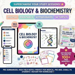May include: A digital study guide titled Cell Biology & Biochemistry featuring 152 pages and 16 topics. The set includes a tablet, smartphone, and spiral-bound notebook displaying diagrams of DNA, cells, and organs, with text overlays like Supercharge Your Study Sessions and Get Instant Access to 100+ Free Bonuses.