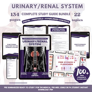 Könnte beinhalten: Ein digitales Studienleitfaden-Paket für das Harn- und Nierensystem. Das Cover zeigt eine Grafik der Nieren und der Blase. Das Paket umfasst 134 Seiten und 22 Themen. Es ist vorab zusammengefasst und bereit zum Lernen für Medizinstudenten, Pre-Med-Studenten, USMLE oder PA-Studenten. Das Paket enthält auch kostenlose Aufkleber und Karteikarten.