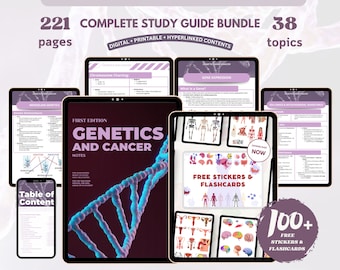 Paquete de genética y cáncer con tarjeta didáctica y pegatinas, guía de estudio de genética impresión digital, notas médicas descarga digital archivo PDF enfermería