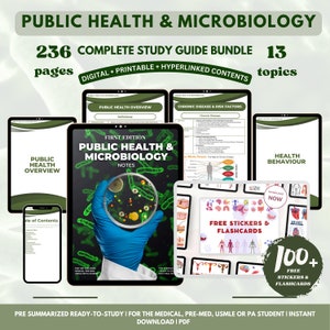 May include: A study guide bundle for public health and microbiology with 236 pages and 13 topics. The cover features a hand holding a petri dish with bacteria. The bundle includes free stickers and flashcards.