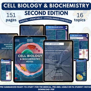 Może przedstawiać: Cyfrowy przewodnik do nauki zatytułowany "Cell Biology & Biochemistry, Second Edition" jest wyświetlany na wielu tabletach i telefonie. Okładka zawiera szczegółową ilustrację komórki. Przewodnik zawiera 151 stron, 16 tematów oraz treści cyfrowe, drukowane i z hiperłączami.