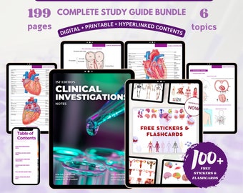 Paquete de investigaciones clínicas con tarjetas didácticas y pegatinas, Archivo PDF de descarga digital de notas médicas, Impresión digital de notas de la escuela de enfermería