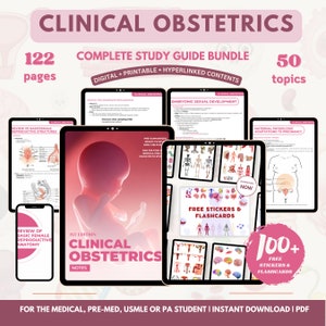 Ensemble d'obstétrique clinique avec cartes-éclair et autocollants, notes de formation en sciences infirmières, fichier PDF à téléchargement numérique, guide d'étude d'obstétrique, note médicale