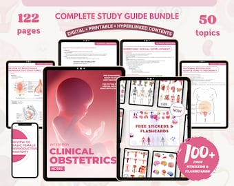 Paquete de obstetricia clínica con tarjetas didácticas y pegatinas, Apuntes de la escuela de enfermería Descarga digital en archivo PDF, Guía de estudio de obstetricia Nota médica
