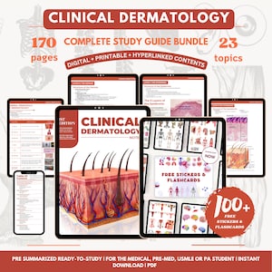 May include: A digital study guide bundle for clinical dermatology with 170 pages and 23 topics. The cover features a detailed illustration of human skin layers. The bundle includes free stickers and flashcards. Download the PDF.
