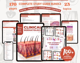 Paquete de dermatología clínica con planificador y pegatinas, guía de estudio de dermatología impresión digital, notas de la escuela de enfermería descarga digital archivo PDF