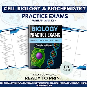 Puede incluir: Un libro titulado "BIOLOGY PRACTICE EXAMS" con una ilustración de célula verde y una hélice de ADN. Se ven hojas de examen de práctica. El texto incluye "Cell Biology & Biochemistry" y "Ready to Print". El libro tiene 117 páginas.