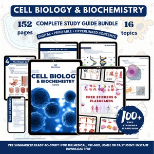 Paquete de biología celular y bioquímica, guía de estudio de archivos PDF de descarga digital, notas de la escuela de enfermería impresión digital, notas médicas imprimibles