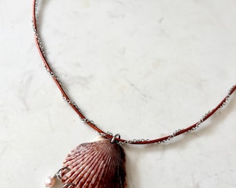 Scallop Shell Pendant Necklace, Freshwater Pearls, Leather Cord, Stainless Steel Chain