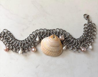 Seashell and pearl, chainmail bracelet; one of a kind, freshwater pearls, wire-wrapped on chainmail design