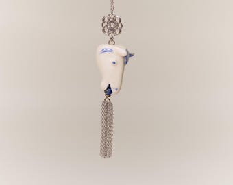 Hand-Painted Stoneware Horse Charm with Lapis Bead and Metal Tassels