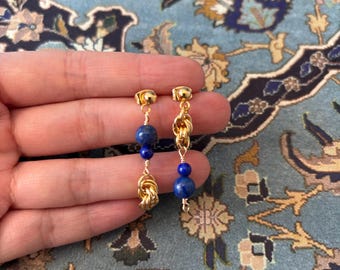 Lapis Lazuli Chain Weave Drop Earrings – Royal Blue Gemstone in Gold, Hypoallergenic Jewelry