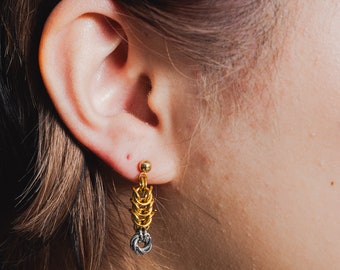 Two-Tone Chainmail Drop Earrings – Gold & Silver Mobius Ball Design, Hypoallergenic Stainless Steel