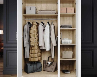 ELEGANT 3 Door Wardrobes High Gloss White Oak with Hanging Rail and Storage Shelves Modern Clothes Cabinet