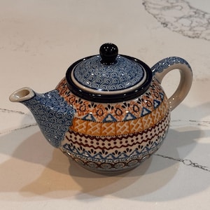 Handmade Polish Pottery Teapot | Boleslawiec Stoneware Teapot | Made in Poland Ceramic Tea Pot | Blue & Amber Folk Art Pattern | Cottagecore