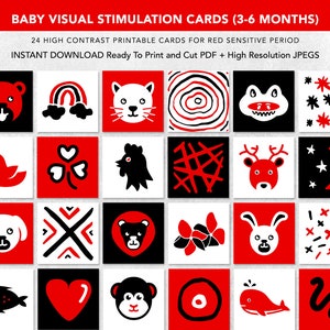 Cartes sensorielles imprimables pour bébé Cartes de stimulation visuelle rouge et noir à contraste élevé Développement sensoriel Montessori Téléchargement instantané