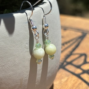 Dangly green earrings, gemstone and crystal earrings, silver hook earrings, handmade jewelry, gift for her