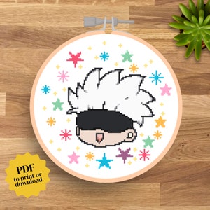 Gojo Satoru Sensei Jujutsu Kaisen Cross stitch pattern, DIY Embroidery Pattern, Instant Download Cross Stitch