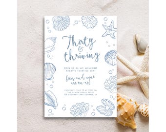 Seashell 30th Birthday Invitation: Beach Party Template (5x7, Editable in Canva)