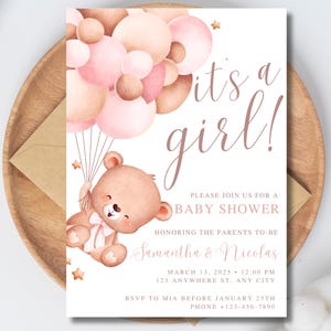 Invito per baby shower con orsetto rosa, non vediamo l'ora di invitare al baby shower Invito per baby shower rosa Boho modificabile Invito per baby shower rosa