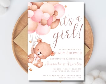 Pink Teddy Bear Baby Shower Invitation: Boho Girl (Editable in Canva)