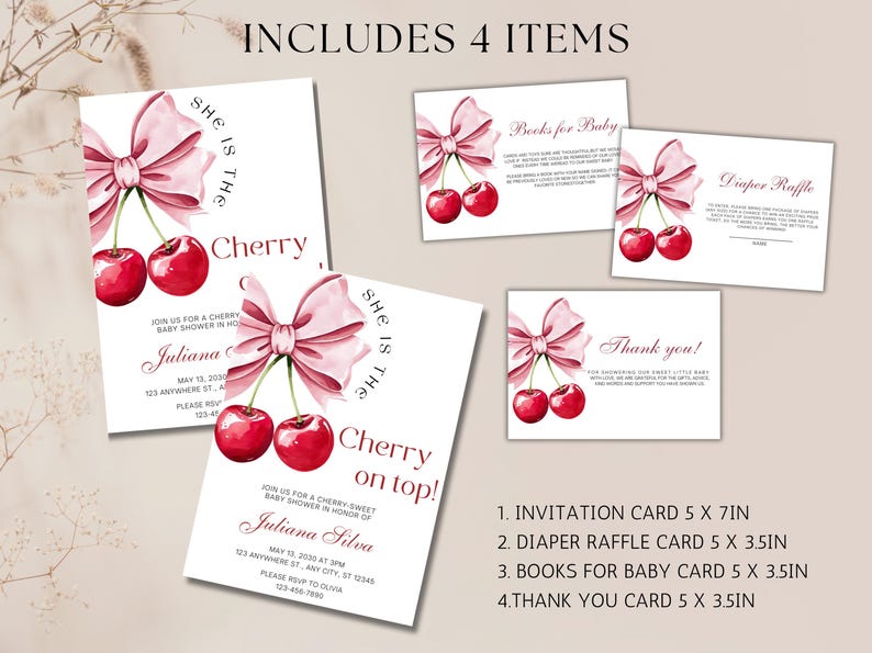 May include: Four printable cards for a baby shower with a cherry theme. The cards include an invitation, a diaper raffle, a books for baby card, and a thank you card. Each card features a pink bow and two red cherries.