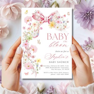 Coquette Baby in Bloom Baby Shower Invite Editable Pink Bow Baby in Bloom Girl Baby Shower Spring Wildflowers Baby Shower Invitation Bundle