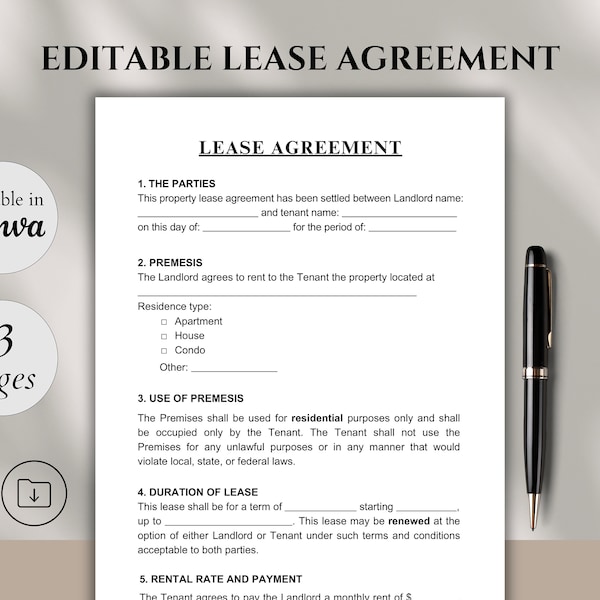 Simple Residential Lease Agreement Template Etsy
