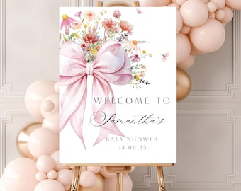 Pink Baby in Bloom Baby Shower Welcome Sign Editable Baby Shower Welcome Poster Girl Baby Shower Pink Bow Baby Shower Welcome Sign Template