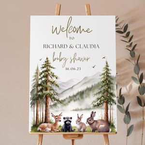 Cartello di benvenuto per baby shower a tema foresta Baby Shower per maschietto Baby Shower per avventure nei boschi Baby Shower per foresta e montagna Modello di cartello di benvenuto